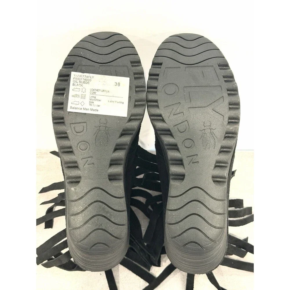 Fly London Yank Black Oil Suede Fringe Wedge Ankle Booties Boots US 7.5 EU 38
